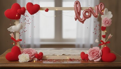 Romantic love decoration setup in cozy indoor space with heart arrangements and floral accents for valentine's day celebration captured in soft natural light