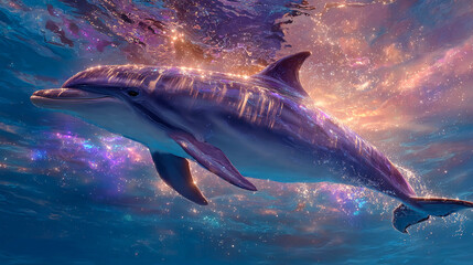 Fototapeta premium A fantastic dolphin swims in the light of sunset and neon reflections; the water and the animal's body shimmer with rainbow sparks.