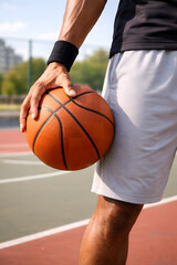 hands holding a basketball on the court
