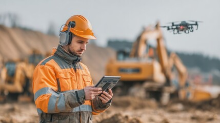 Engineer controlling drone at construction site using tablet
