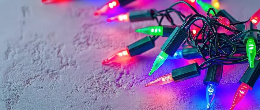 Close up of tangled colorful string lights with glowing bulbs resting on a textured surface
