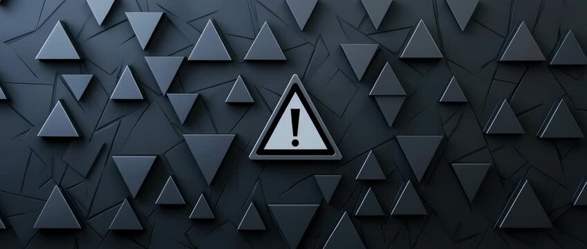 Central warning sign icon surrounded by dark three dimensional geometric triangles pattern