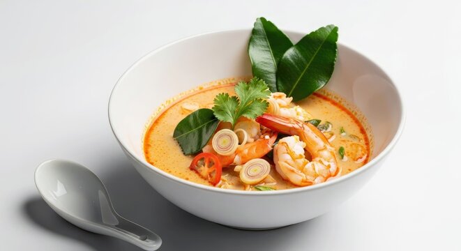 Close-up of Tom Yum Goong Soup Highlighting Vibrant Herbs and Steaming Broth