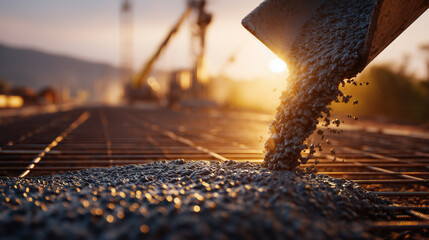 Macro shot of cement flowing around steel rebar, golden sunlight highlighting wet texture, construction site at dusk, industrial realism with attention to material detail