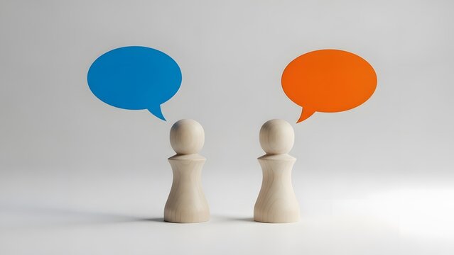 Two wooden chess pawn figures with conversation speech bubbles. Communication and discussion between two people. Global conversation concept.