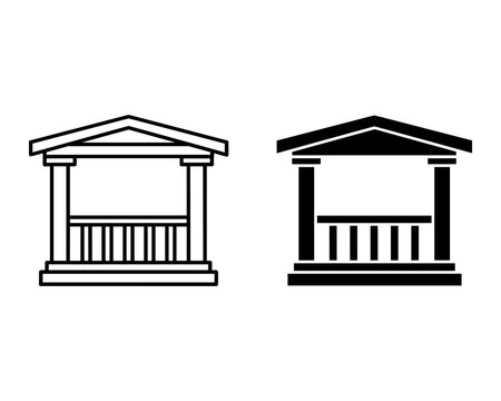 Two black and white classical building facade with columns and triangular pediments