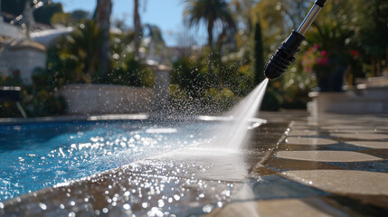 Side-view cinematic shot of pressure washing pool deck, water hitting tiles, mist rising, sunlight creating warm reflections, sparkling clean tiles and summer outdoor setting