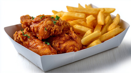 Front-facing close-up of fast food takeout box, crispy fried chicken and perfectly cooked fries, realistic lighting casting soft shadows, isolated on pure white background for menu