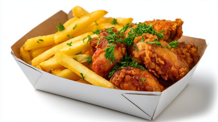 Front-facing close-up of fast food takeout box, crispy fried chicken and perfectly cooked fries, realistic lighting casting soft shadows, isolated on pure white background for menu