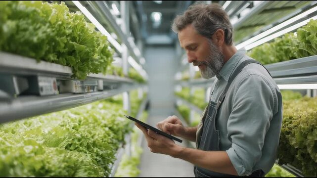Urban farmer vertical farm using tablet for hydroponic lettuce modern agriculture greenhouse technology and sustainable urban