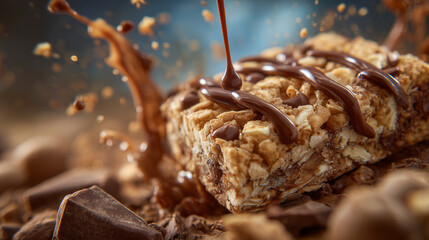 Macro shot of chocolate snack bar with crunchy cookie chunks, golden toasted textures highlighted, chocolate drips catching light, indulgent dessert visual, close-up composition