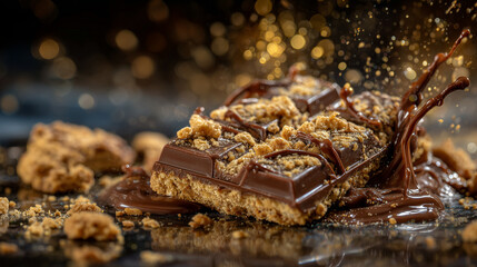 Side view of chocolate bar with cookie pieces, crumbs falling onto reflective surface, golden toasted textures and glossy chocolate highlighted, close-up detail emphasizing indulge