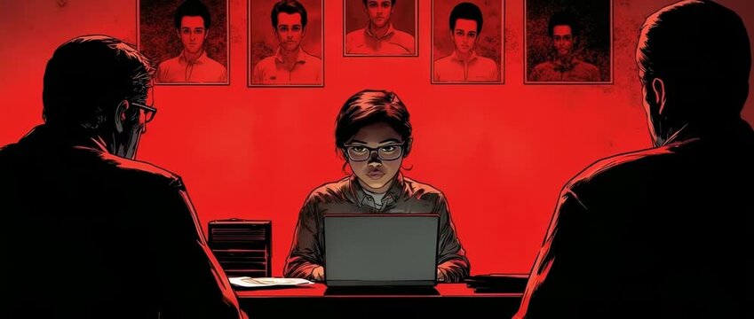 Intense comic book style scene of a young woman working on a laptop between two men