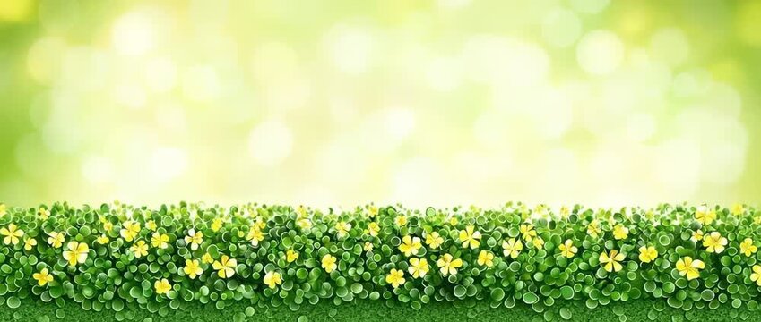 Bright yellow flowers bloom above lush green foliage against a soft green bokeh light