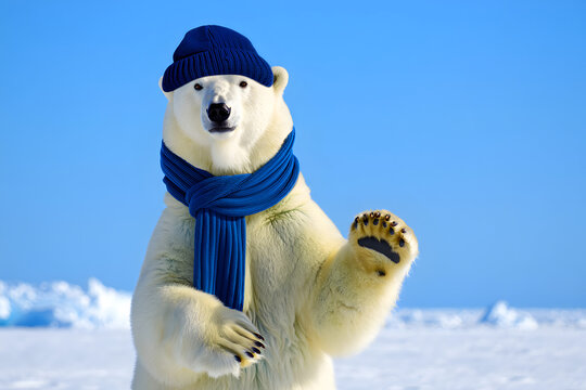 Cute polar bear in blue hat and scarf waving in a snowy arctic landscape