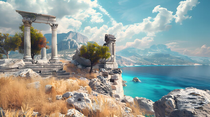 Ancient greek temple ruins on seaside cliff underneath blue sky