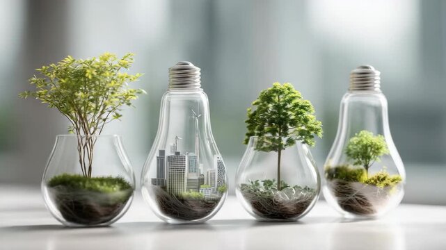 Eco-friendly light bulbs showcase natural greenery and urban cityscapes inside. The bulbs represent a commitment to sustainability and environmental consciousness