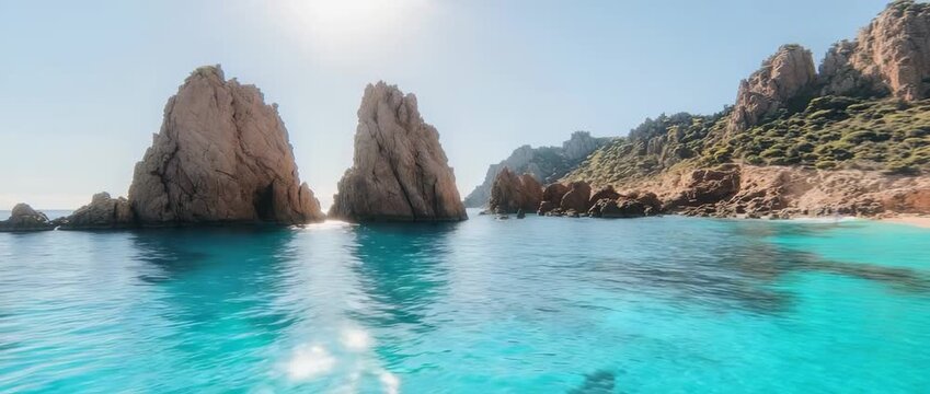 Over under view of turquoise sea water revealing massive coastal rock formations under bright sun