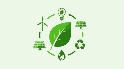 Circular economy concept with green leaf at center, surrounded by environmental icons like wind turbine, solar panel, light bulb, recycle symbol, water drop, eco friendly, sustainability, clean energy