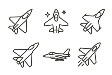Set of six fighter jet line drawings in various angles on white background