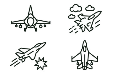 Black and white fighter jet icon set with clouds and stars