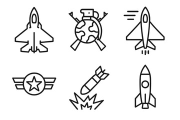 Icon set of military weapons and aircraft: fighter jet, bomb, missile, emblem, globe