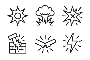 Icon set of explosions, fist bump, and lightning symbols