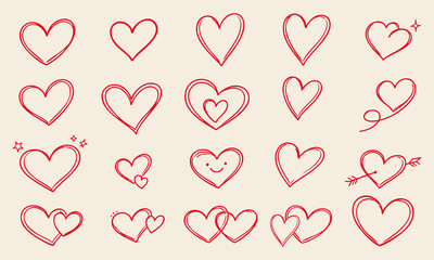 Red hand drawn heart icons set in different shapes and styles romantic valentine love doodle outline illustration on beige background