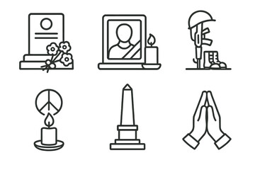 Memorial symbols: gravestone, portrait, military gear, peace candle, monument, praying hands