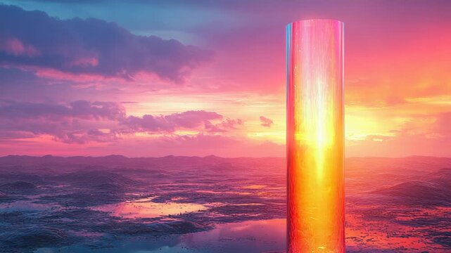 Glowing monolith standing in the middle of a surreal ocean landscape, reflecting the vibrant pink, orange, and purple hues of a futuristic sunset creating a contemplative and abstract scene