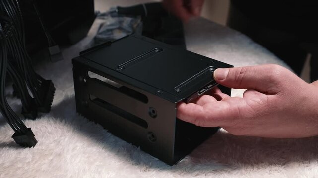 Installing a solid state drive (SSD) into a metal drive cage and fastening it with screws to secure it before mounting it into the system case
