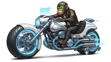 Futuristic Monkey Biker Riding a Cyberpunk Motorcycle with Neon Blue Accents.