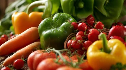 A colorful arrangement of fresh vegetables, including bell peppers, carrots, and tomatoes. The composition is vibrant and inviting