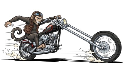 Cartoon monkey riding a custom chopper motorcycle at high speed.