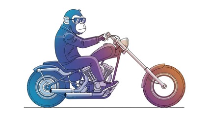 Cool Monkey Riding a Chopper Motorcycle with Sunglasses and Headphones on a White Background.