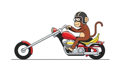 Cartoon Monkey Riding a Red Chopper Motorcycle with a Banana.