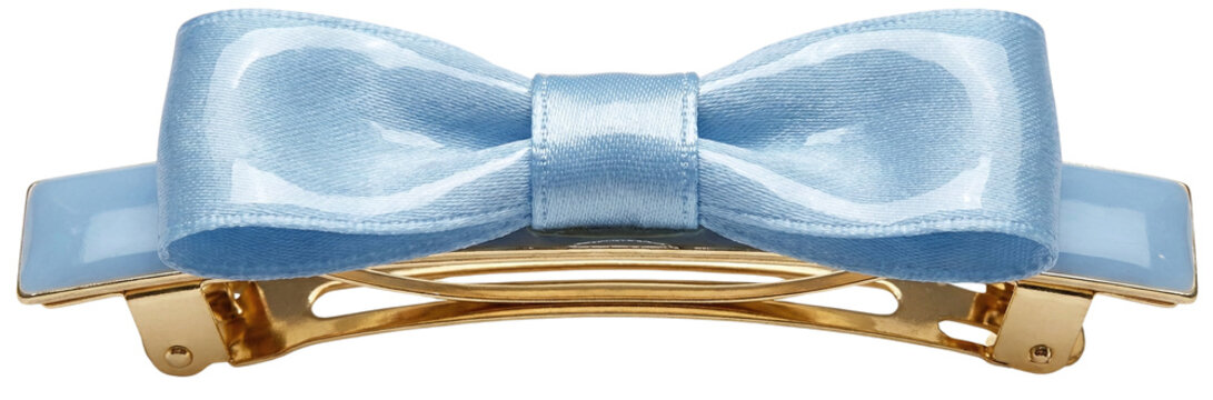 Blue satin ribbon hair barrette with gold clip