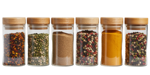 Product photography of six clear glass spice jars with wooden lids, vibrant colorful spices, clean sharp textures, professional lighting, modern minimalist arrangement. Transparent background.