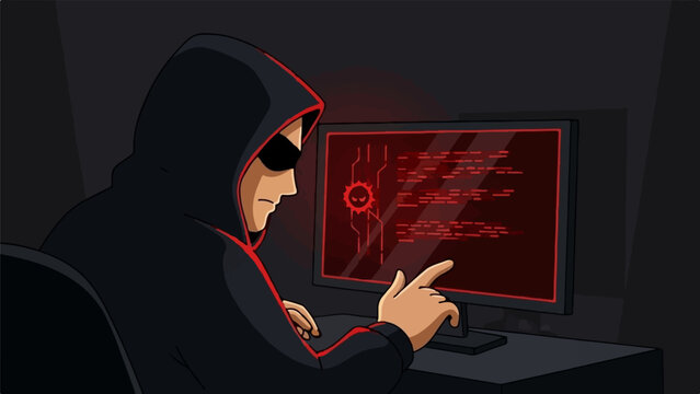 Person in a hood at a computer screen displaying red code and a menacing symbol