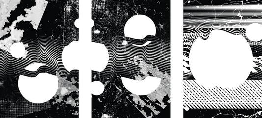 Plakat Grungy textured poster layers set. Design element for brochure, social media, posters, flyers. Overlay texture.Textured banner with Distress effect .Vector halftone dots . Screen print texture 