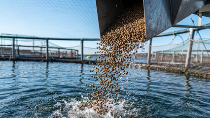 Pelleted Salmon Feed Dispensed Into Fish Cage For Aquaculture Nutrition And Growth Salmon Feed Pellets