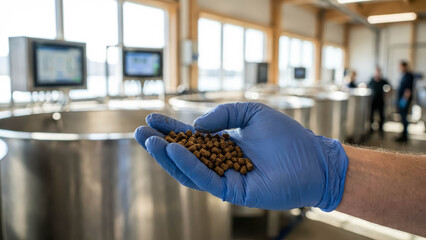 Pelleted Salmon Feed In Hand Inside Aquaculture Processing Facility For Fish Nutrition Pelleted Fish Feed