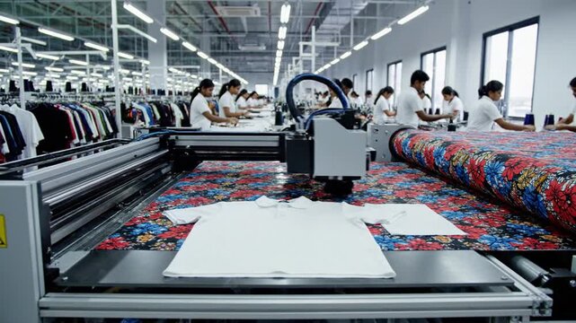 Automated garment factory with workers overseeing the production of clothing on modern machinery