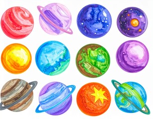 set of colorful planets isolated on white background