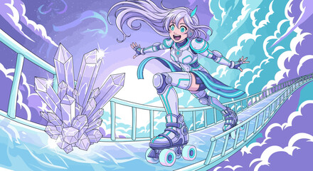 Naklejka premium Anime Girl Roller Skating Through a Fantasy Landscape.