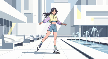 Anime Girl Roller Skating with Confidence and Style in the City.