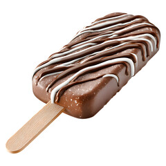Chocolate ice cream bar with white and dark chocolate drizzle on a wooden stick isolated on transparent background.