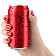 Female hand holding blank red aluminum can isolated on transparent background. Beverage packaging mockup for branding, advertising, and product design.
