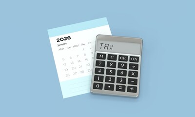 A calculator placed on a 2026 calendar page for the new taxes