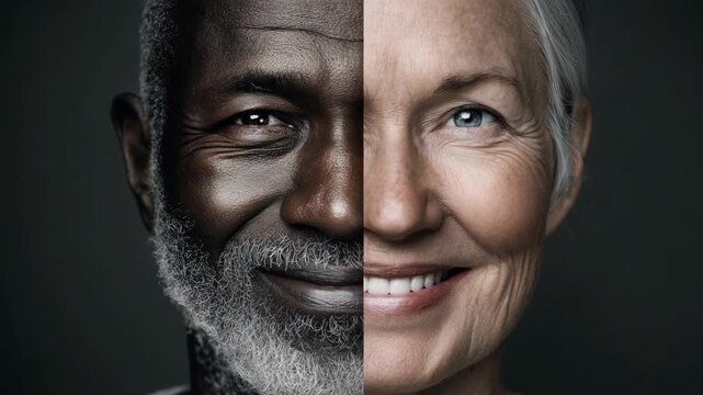 A split image showcasing the faces of two people, one person with black skin tone and one person with white skin tone, both smiling
